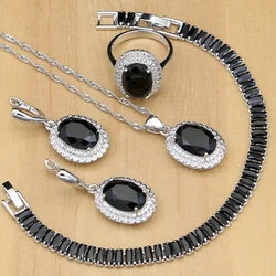 925 Sterling Silver Jewelry Black CZ White Crystal Jewelry Sets For Women Charm Earrings With Stone Rings/Bracelet/Necklace Set