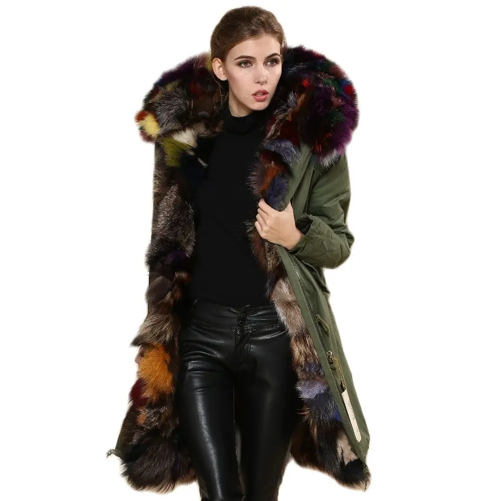 Brown Colorful Fox Fur Parka,Long Style Fashion Winter Fox Fur Mrs Jacket For Ladies Fox Fur Outwear Mulitcolor Mr Fur Parka