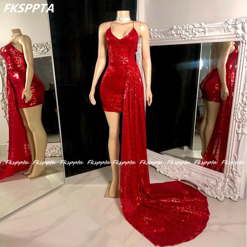 

Sparkly Red Short Prom Dresses Backless Sheath Sequin Long Train Sexy Black Girls Graduation Party Prom Gowns Custom Made