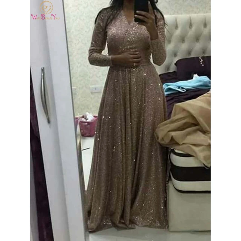 

Gold arabic Muslim A-Line Evening Party Dresses V Neck Formal Sequined Long Sleeves Prom Gowns vestido de festa 2022 Plus Size