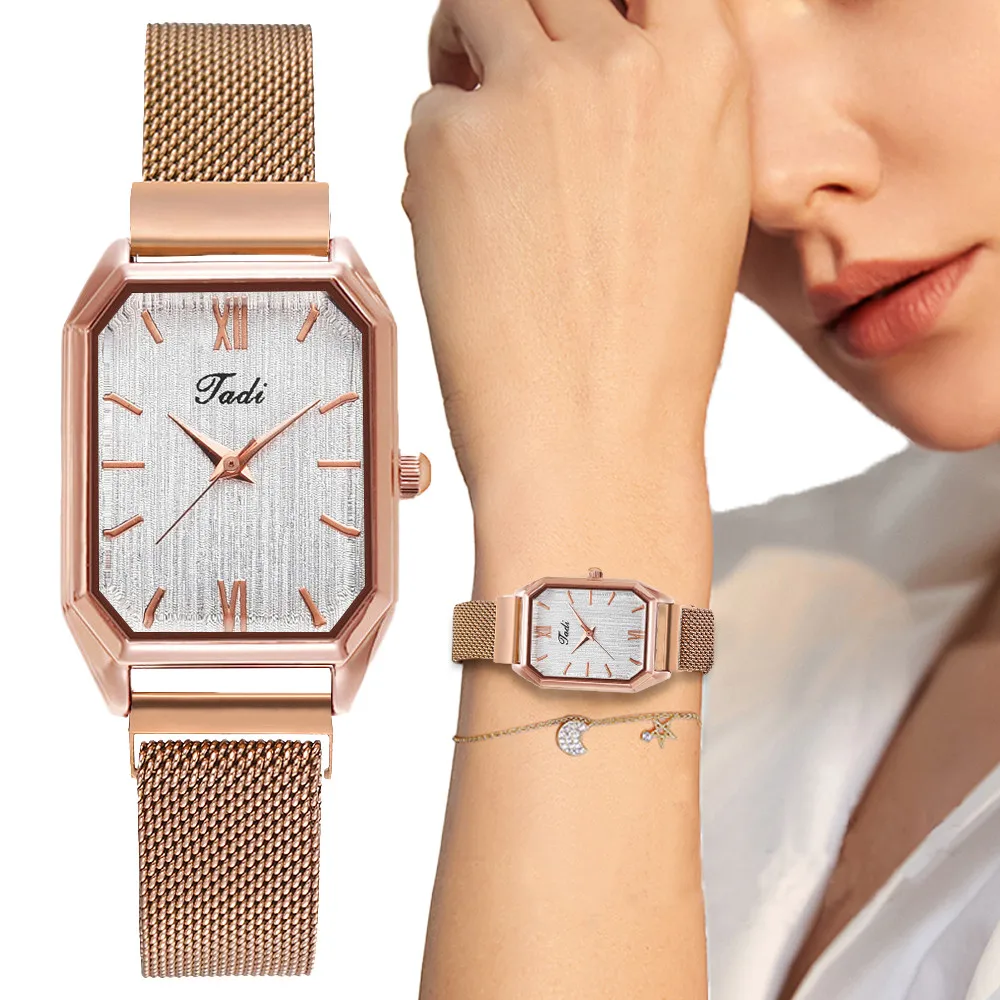 

Fashion Rectangle Women Watches Simple Rome Dial Ladies Quartz Wristwatches Casual Female Watch Stainless Steel Magnet Clock