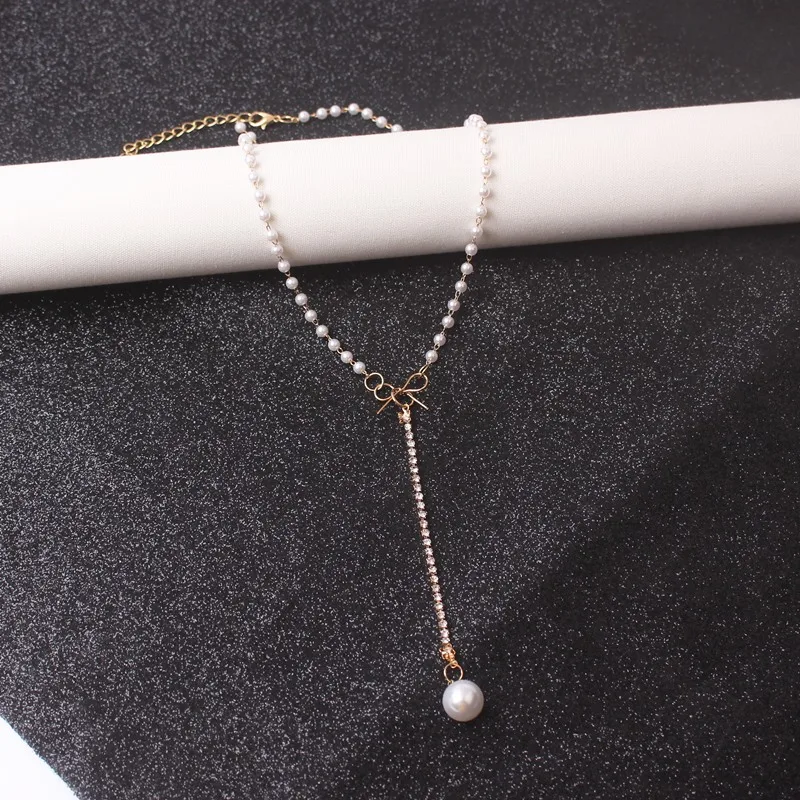 Ins Fashion Sweet Korean Style Imitation Pearl Clavicle Necklace Women Personality Chain Bow knot Rhinestone Pendant Necklace