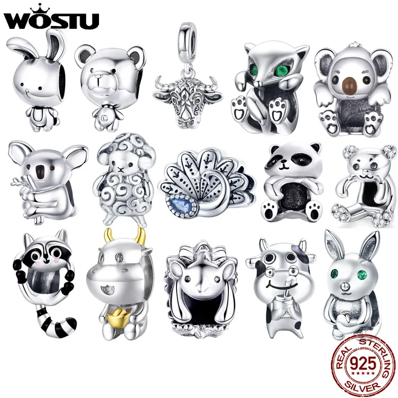 WOSTU Animal Charm 925 Sterling Silver Koala Fox Bear Beads Cow Panda Rabbit Pendant Fit Original Bracelet DIY Jewelry For Women