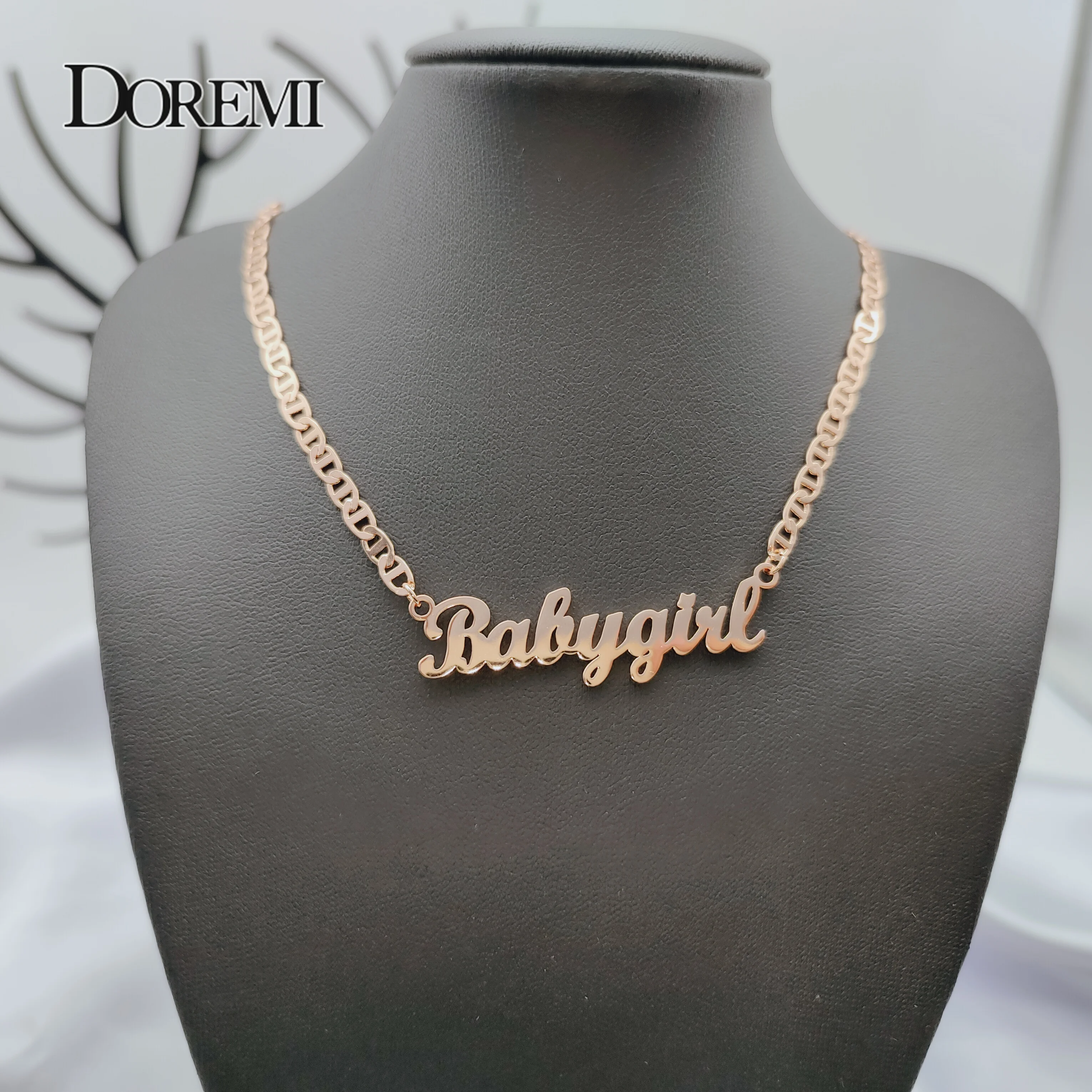 DOREMI Old English Personalized Name Necklace Custom Necklace Flat Chain Stainless Steel Necklace Personalized Letter Necklace