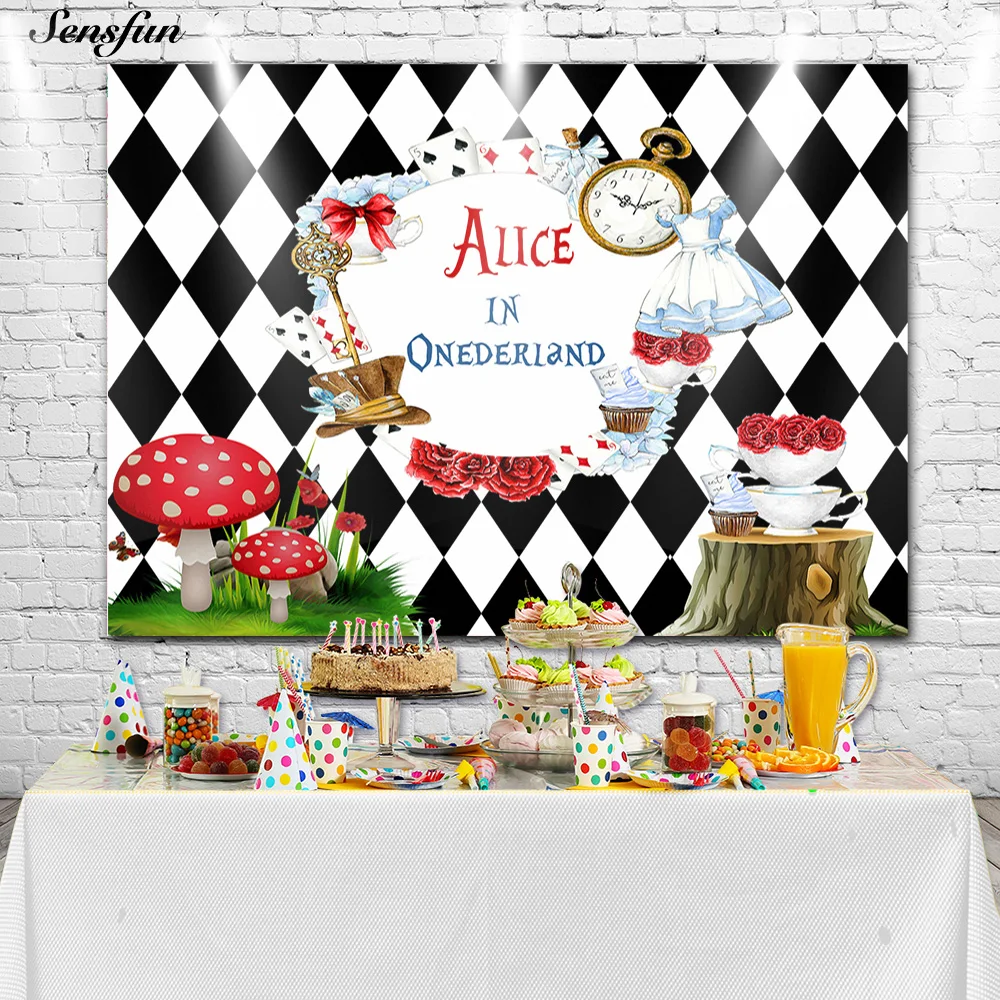 سينسفن فتاة استحمام الطفل صور خلفيات أليس في بلاد العجائب حفلة عيد ميلاد خلفية التصوير استوديو الدعائم كعكة ديكور للطاولات