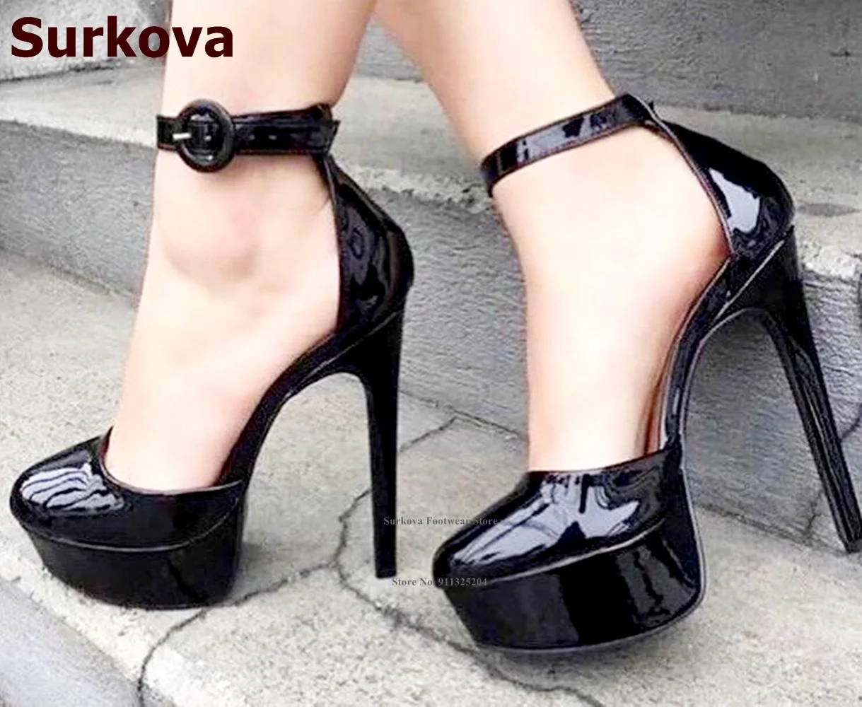 Surkova Black Patent Leather Thin High Heel Shoes Platform Round Buckle Strap Dress Pumps Ladies Sweet Style Party Shoes Size46