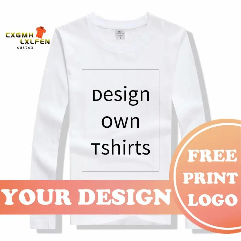 Custom Printed T Shirts Cotton Long Sleeve Solid Tops Tees Men Casual Tshirts Design Own T-shirts For Couples Family Class Team