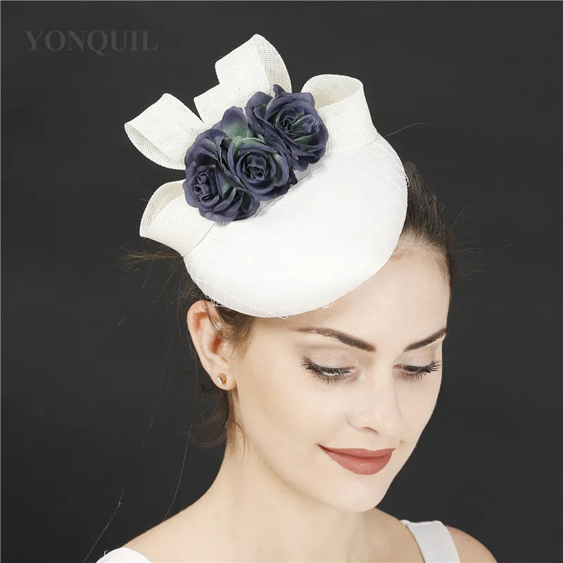 Casquette Ivoire avec Fleur Marine pour Femme, Fascinateur de Mariage, Vêtements de Sauna avec Bande Fedora, Nouvelle Collection