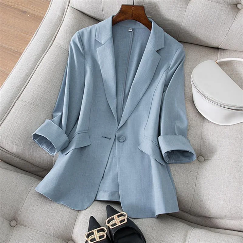 

Blazer Female Blue Female Suit Office Lady 2021 New Spring Slim Top Elegant Design Clothes One Button Suit Female Jacket XXL