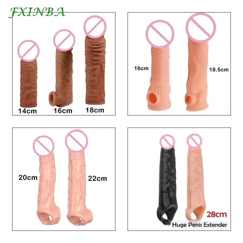 FXINBA New 14-28cm Realistic Penis Extender Sleeve Reusable Condoms Adults Sex Toys For Men Delay Ejaculation Dick Enlargement