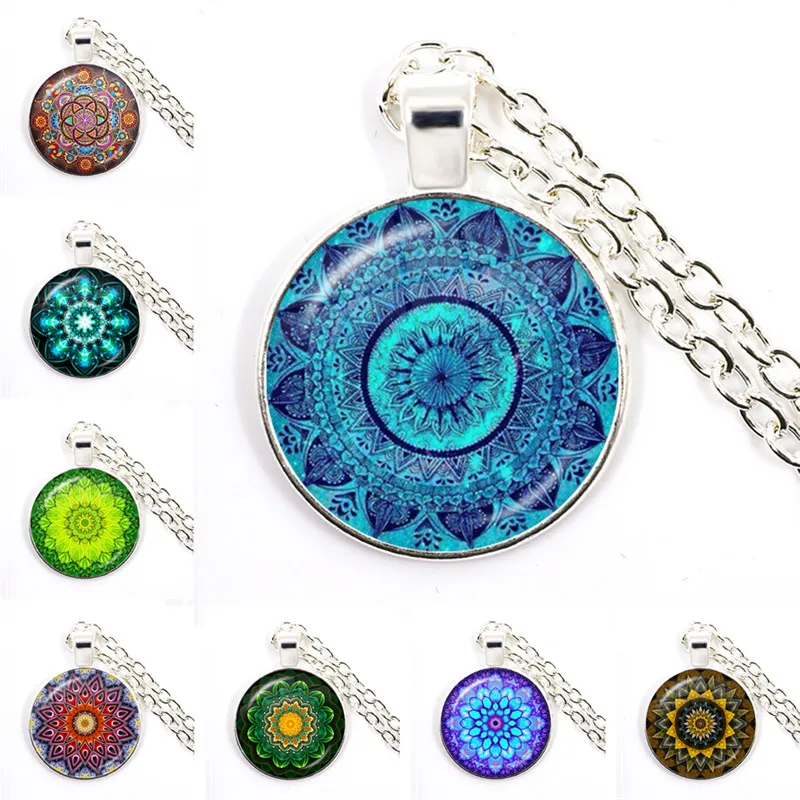 2021 Vintage Necklace Buddhism Chakra Glass Dome Cabochon Pendant Jewelry Om Indian Yoga Mandala Necklaces For Women Men