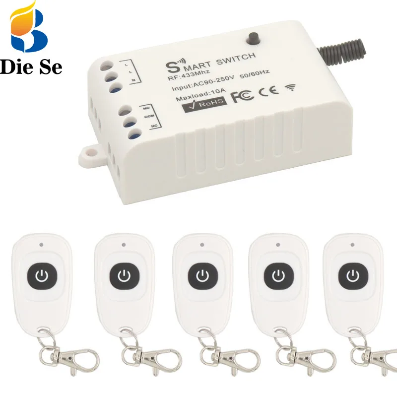 Diese 433Mhz Universal Remote Control AC 110V 220V 10Amp 1CH RF Wireless Relay Receiver and  key fob ,for Light/Ventilation