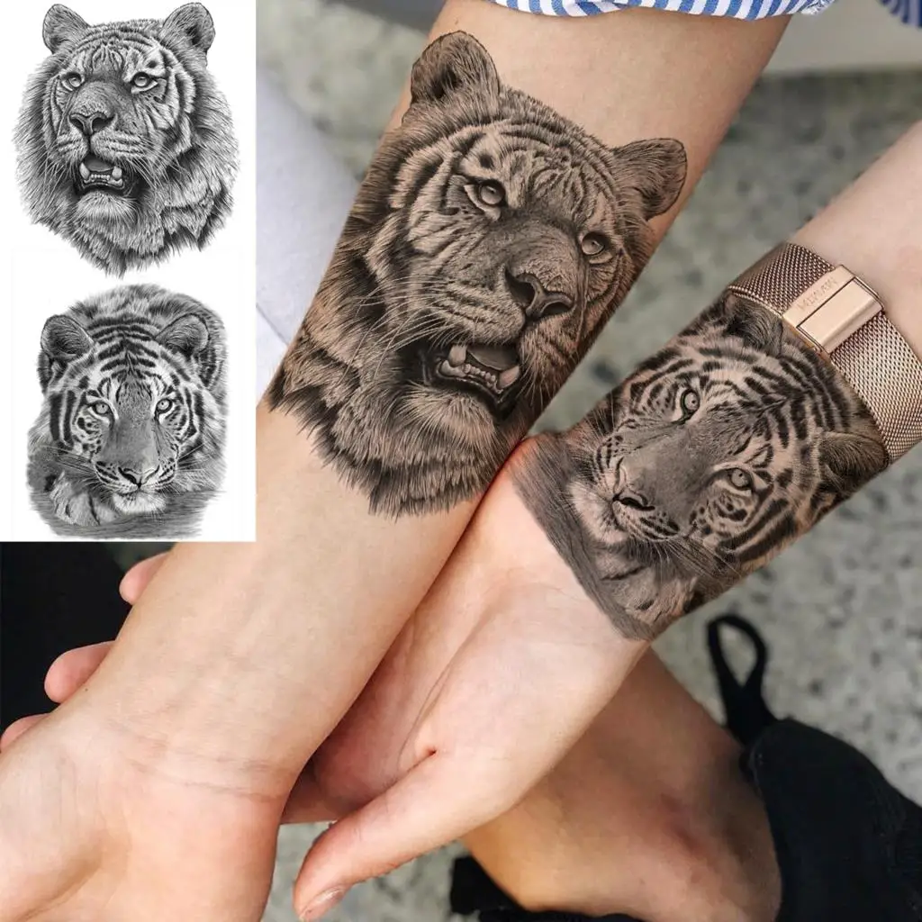 Tatouages Temporaires 3D en Forme de Tigre Noir et Rose pour Homme et Femme, Faux Tatouage Réaliste, Lavable, pour Avant-Bras