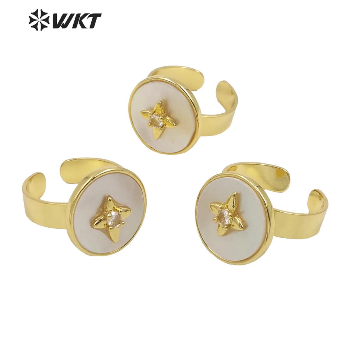 WT-MPR025 WKT Classic Style Natural Shell Rings Round Clover with Zircon Rings Charming Women's Jewelry Gift Accessories