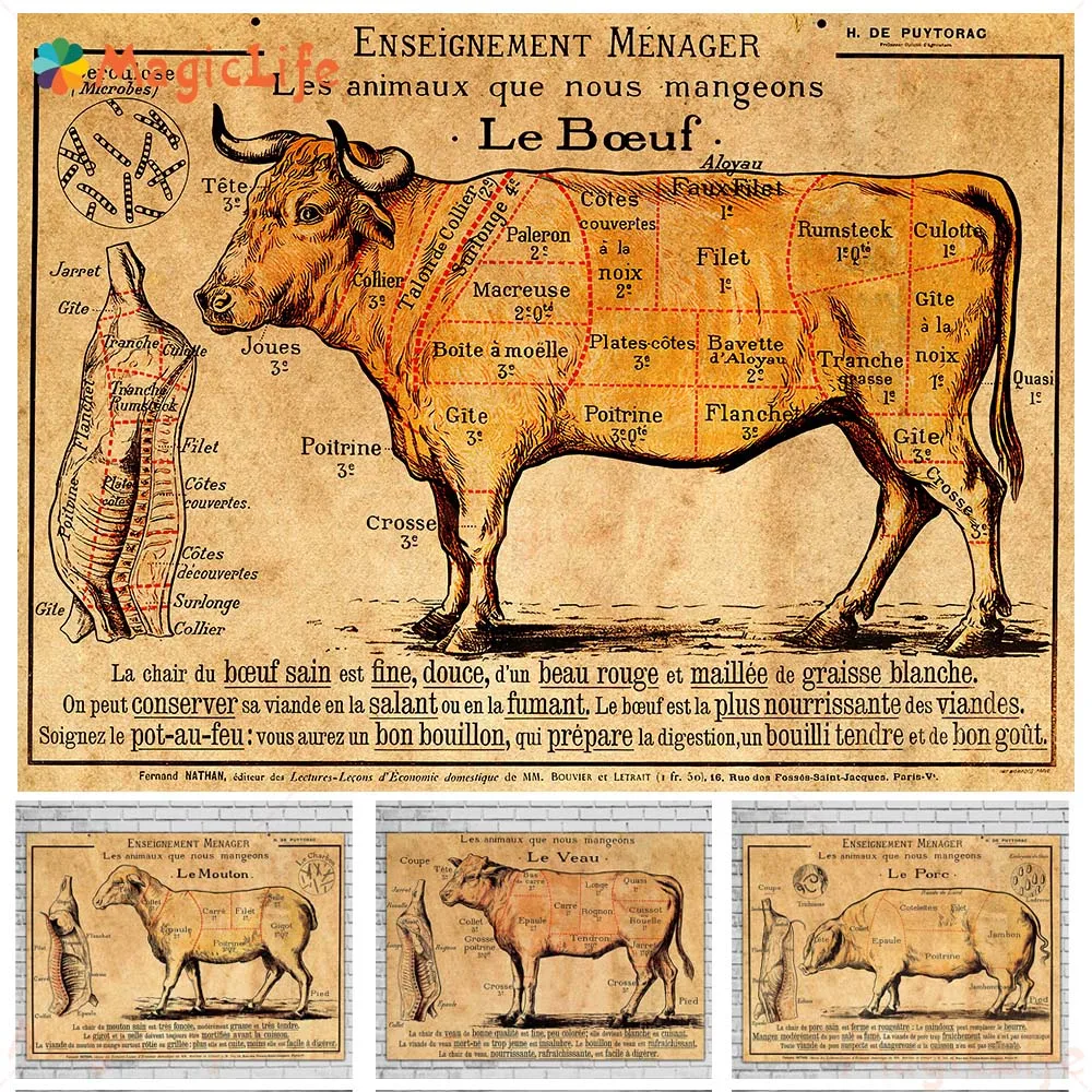 Exploded View Of Beef And Mutton Vintage Art Poster And Print Cuts Of Pork Explain In Detail Wall Art Canvas Painting Home Decor