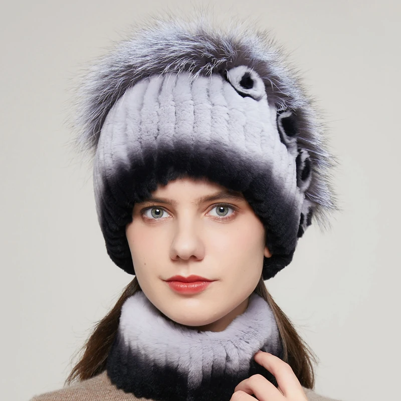 Women\'s Real Rex Rabbit Fur Hat Winter Rex Rabbit Hairy Peas Striped Top Flower Real Fox Fur Warm Ear Protection Knitted Cap