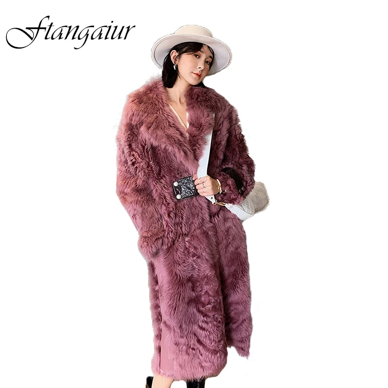 

FTangaiur New Imported Tuscan Wool leather fur Coat Turn-Down Collar Women X-Long Real leather Loss Tuscan wool fur Coats