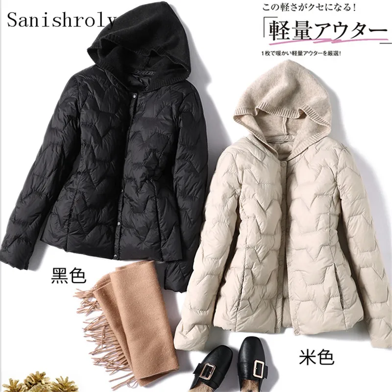 

Women Light White Duck Down Coat Parka 2021 Autumn Winter Ladies Button Knitted Patchwork Hooded Jacket Fashion Short Outwears