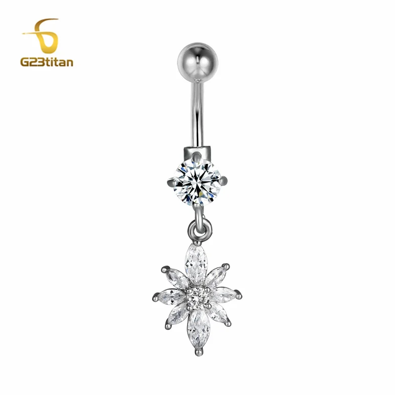 Crystal Zircon Flower Belly Rings 14G Titanium Piercing Navel Barbell Hangling Pendant Belly Bar Sexy Women Summer Jewelry