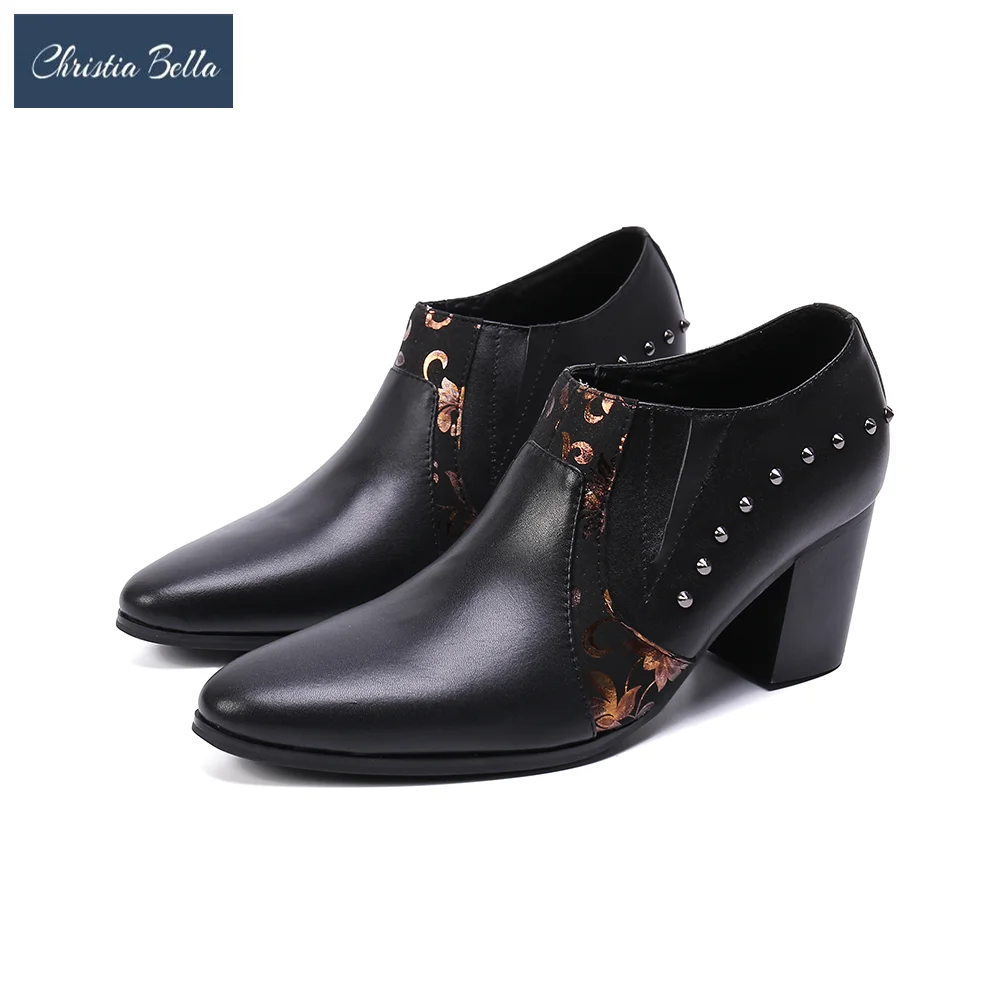 

Christia Bella Real Leather High Heel Men Shoes Rivets Increase Height Party Dress Shoes Male Jazz Dancer Thick Heel Ankle Boots