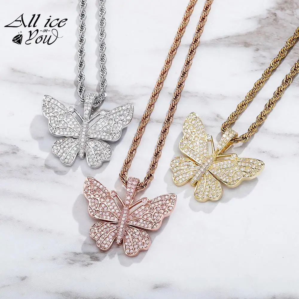 ALLICEONYOU New Silver Color High Quality Iced Out Cubic Zircon Fashion Butterfly Pendant Hip Hop Fashion Jewelry Women Gift