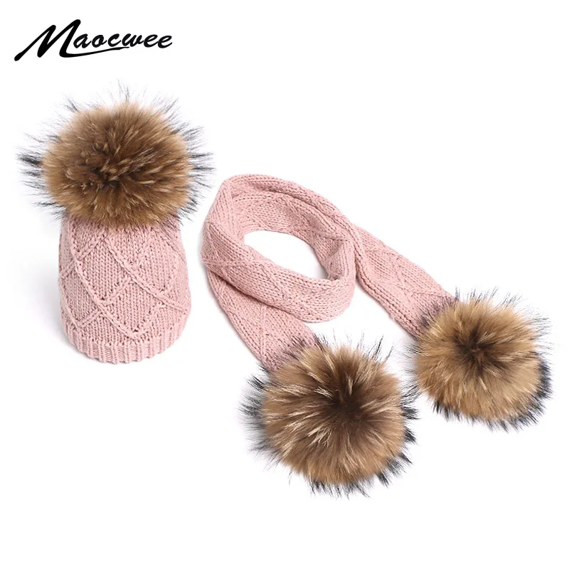 

Winter Children Hat Scarf Set Solid Color Real Raccoon Fur Pompon Beanie Warm Baby Knit Warm Hat Hedging Caps Outdoor Hats Bonet