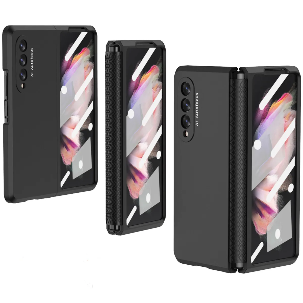 Soft TPU Hinge Protective Case For Samsung Galaxy Z Fold 3 With Front Screen Tempered Glass Film For Samsung Z Fold 3 Hard Cases