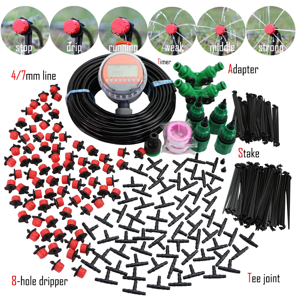 

5-50M Automatic Garden Watering Adjustable Drip Irrigation System Digital Water Timer Controller 4/7mm Micro Drop Kits
