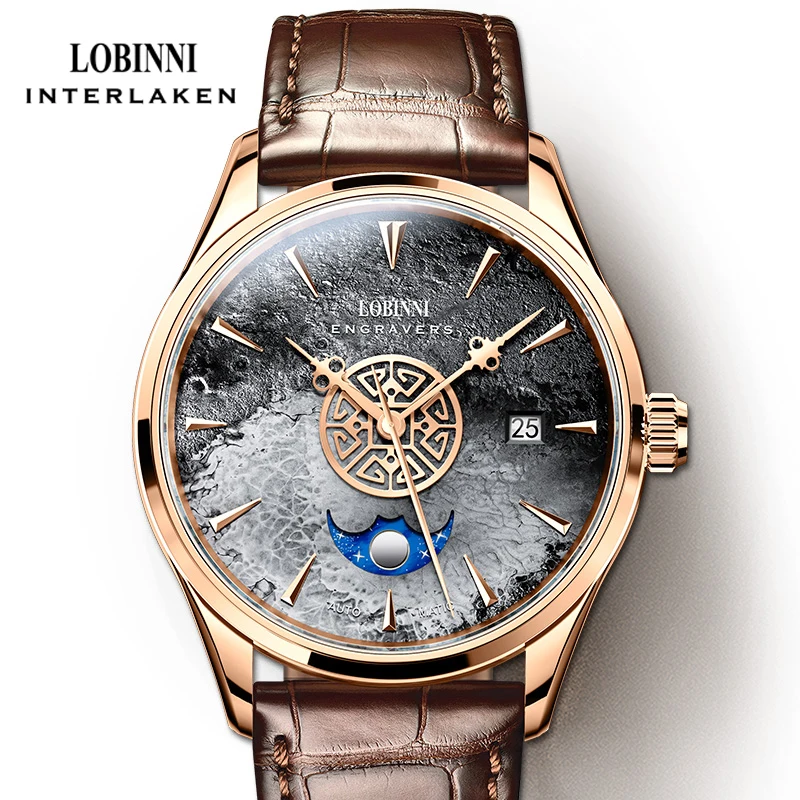 LOBINNI 2021 New Style Original Design Luxury Men Watches Mens Waterproof 50M Automatic Mechanical Watch Moon Phase Date Clock