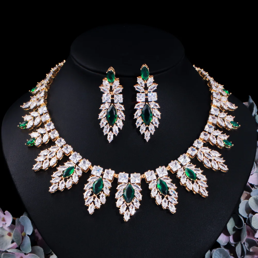 CWWZircons Super Luxury Big Leaf Drop Green Cubic Zirconia Gold Color Women Wedding Necklace Statement Bridal Jewelry Sets T582