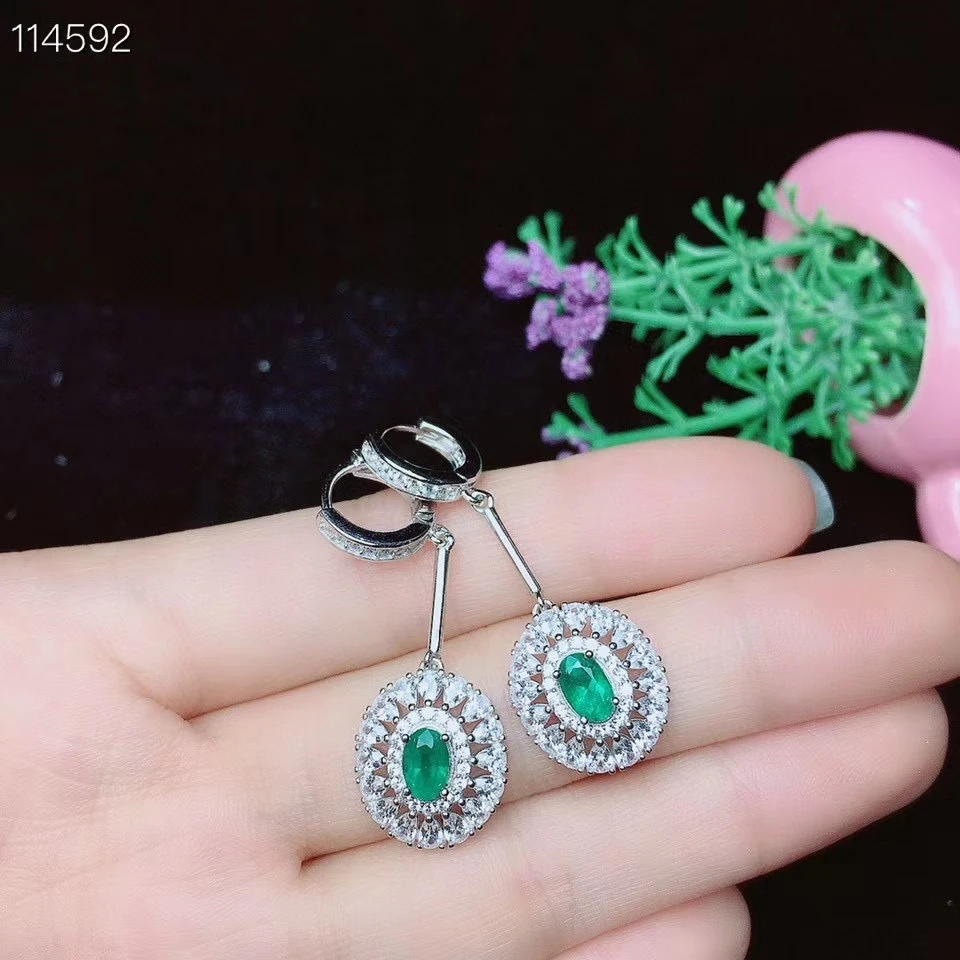 KJJEAXCMY 925 sterling silver natural emerald earrings new ladies classic eardrop support test