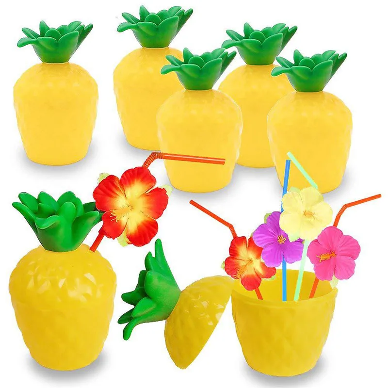 6set Tropical Pineapple Coconut Drinking Cup Juice Cups Straw Summer Luau Flamingo Birthday Beach Pool Party Hawaiian Decoration