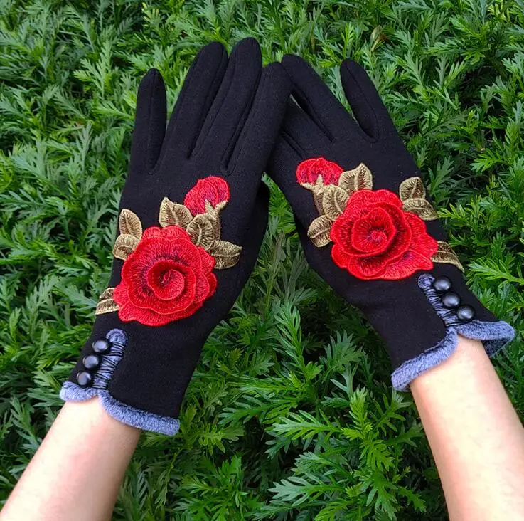 Women's autumn winter thicken warm flower embroidery gloves lady's touch screen vintage dancing driving glove R2373