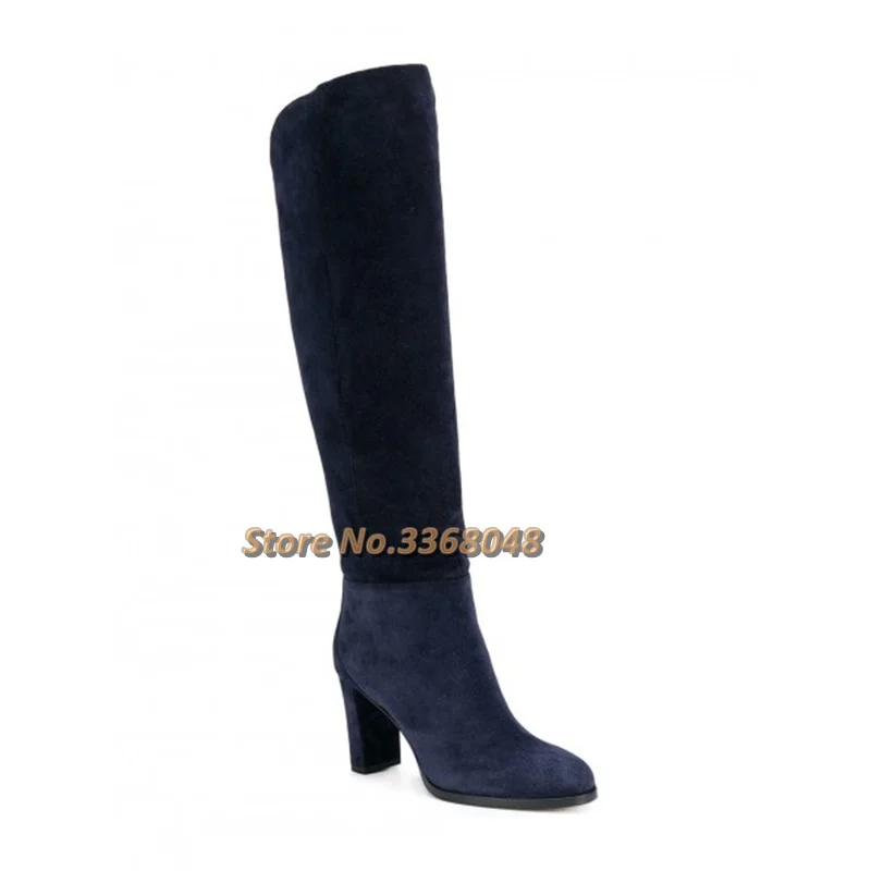 Suede Navy Blue Boots Round Toe Chunky Heels Knee High Long Boots Slip On Square Custom Made Winter Women Boots New Arrivals