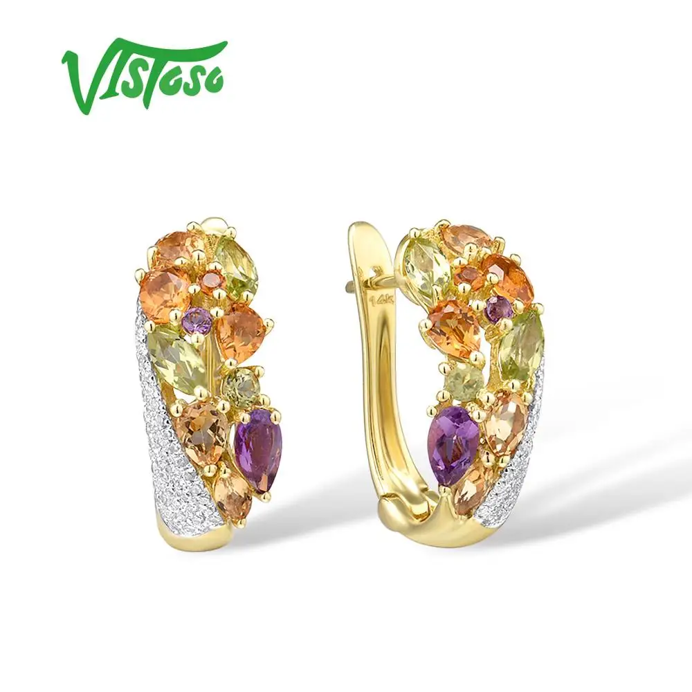 VISTOSO Genuine 14K 585 Yellow Gold Sparkling Diamond Fancy Citrine Amethyst Peridot Blue Topaz  Garnet Anniversary Fine Jewelry