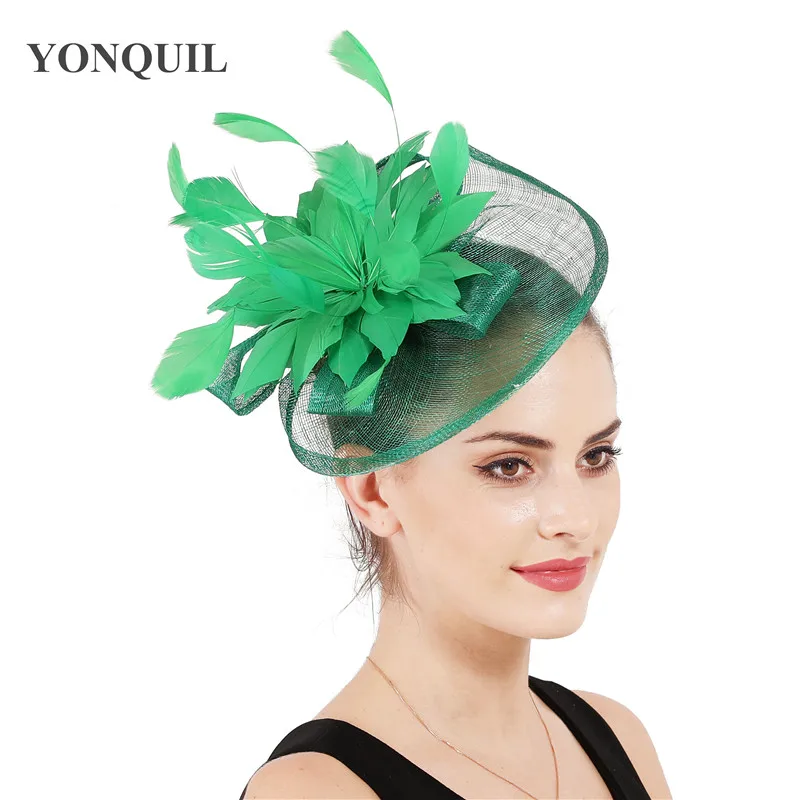 

High Quality 18 Colors Select Cocktail Hats Sinamay Base With Feather Flower Fascinator Hair Accessories Occasion Wedding Hats