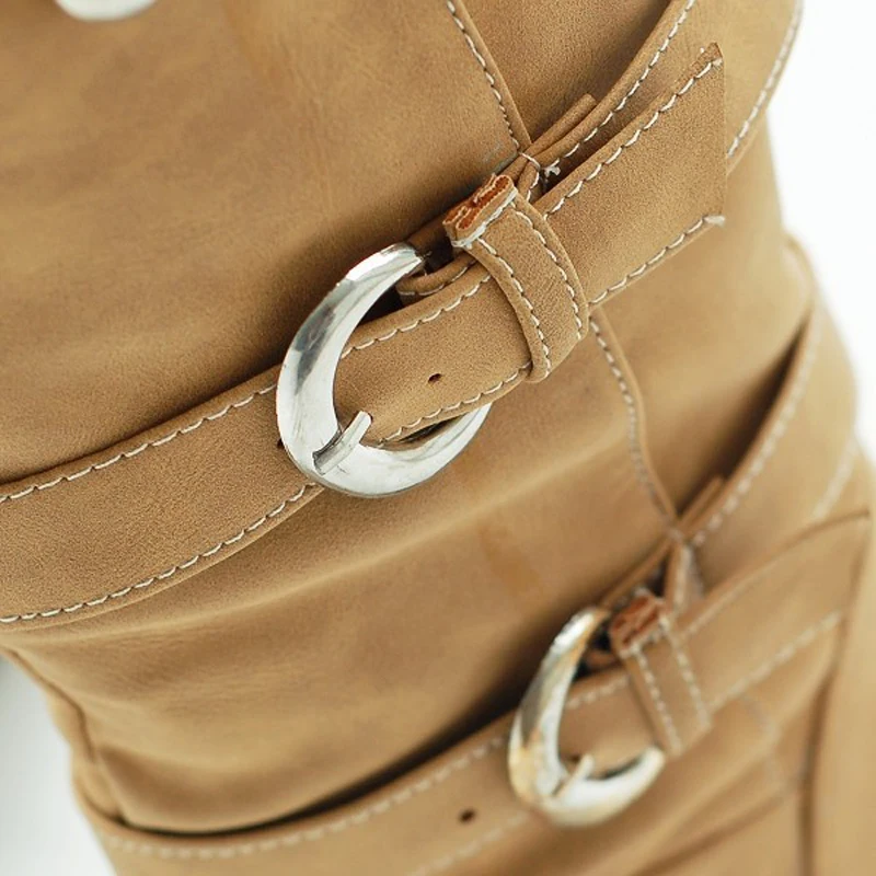 Big Size 34-43 Autumn Winter PU Leather Buckle Chunky Heels Mid Calf Boots Hot Sale Round Toe Slip on Casual Women Shoe WSH3476
