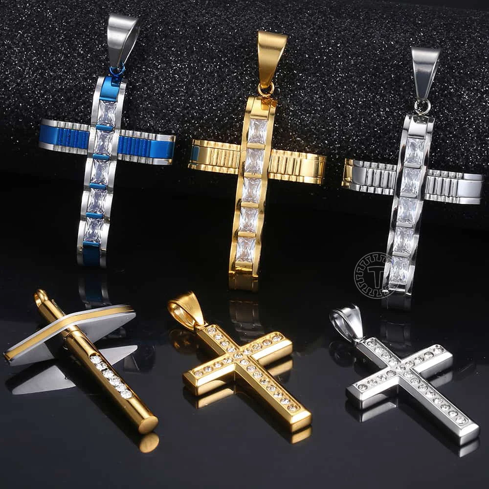 Hip Hop Men\'s Cross Pendant Clear Rhinetones Carved Gold Color Stainless Steel Charms Fashion Punk Gothic Male Jewelry Gifts