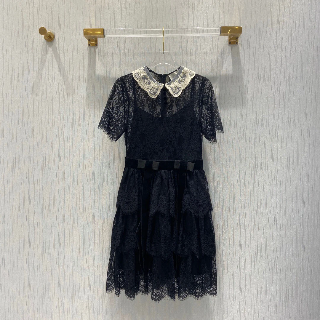 Luxury Design 2021 Spring Collection Black Lace Sweet Style Peter Pan Collar Short Sleeve Cocktail Dress