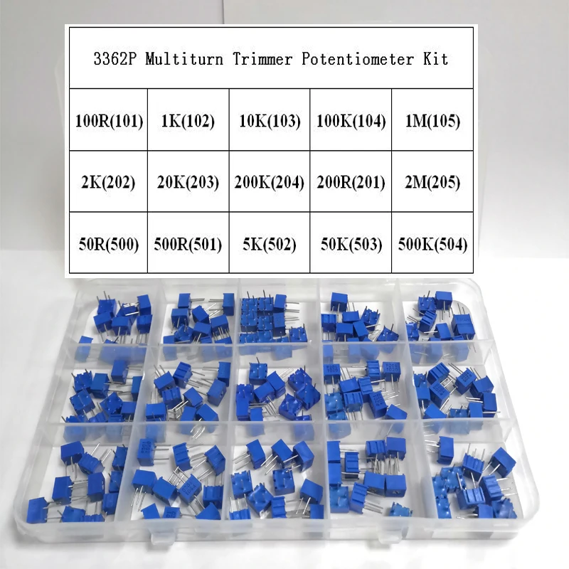 Kit de potentiomètres de coupe multitour, 150P, 50R-2M Ohm, 15 valeurs x 10 pièces, 3362, 3362-101, 105, 205