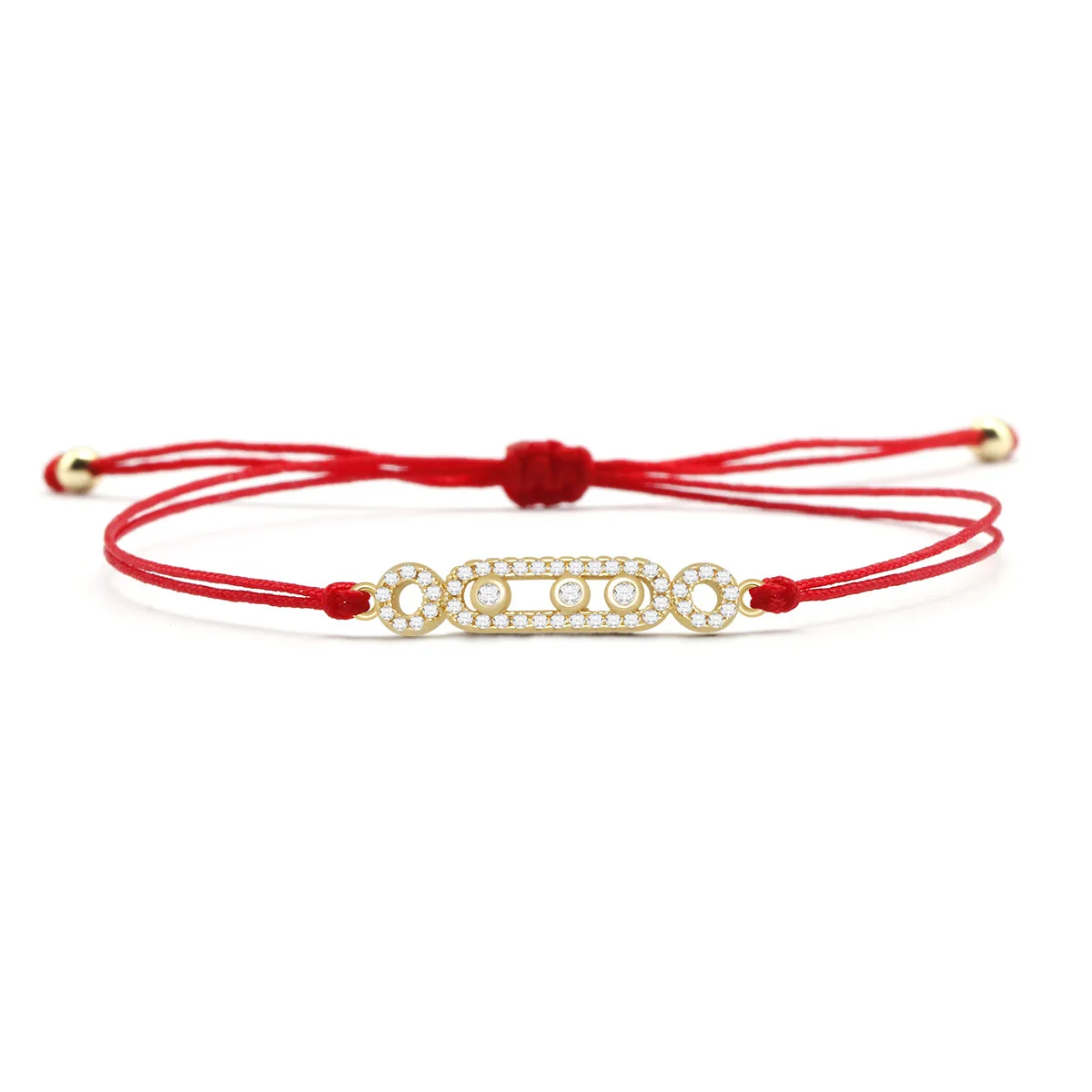 Fashion Pave Zircon Gold Color Hollow Out 3 Circles  Geometric Long Charm Bracelet for Women Red /Black Rope Bangle Jewelry Gift
