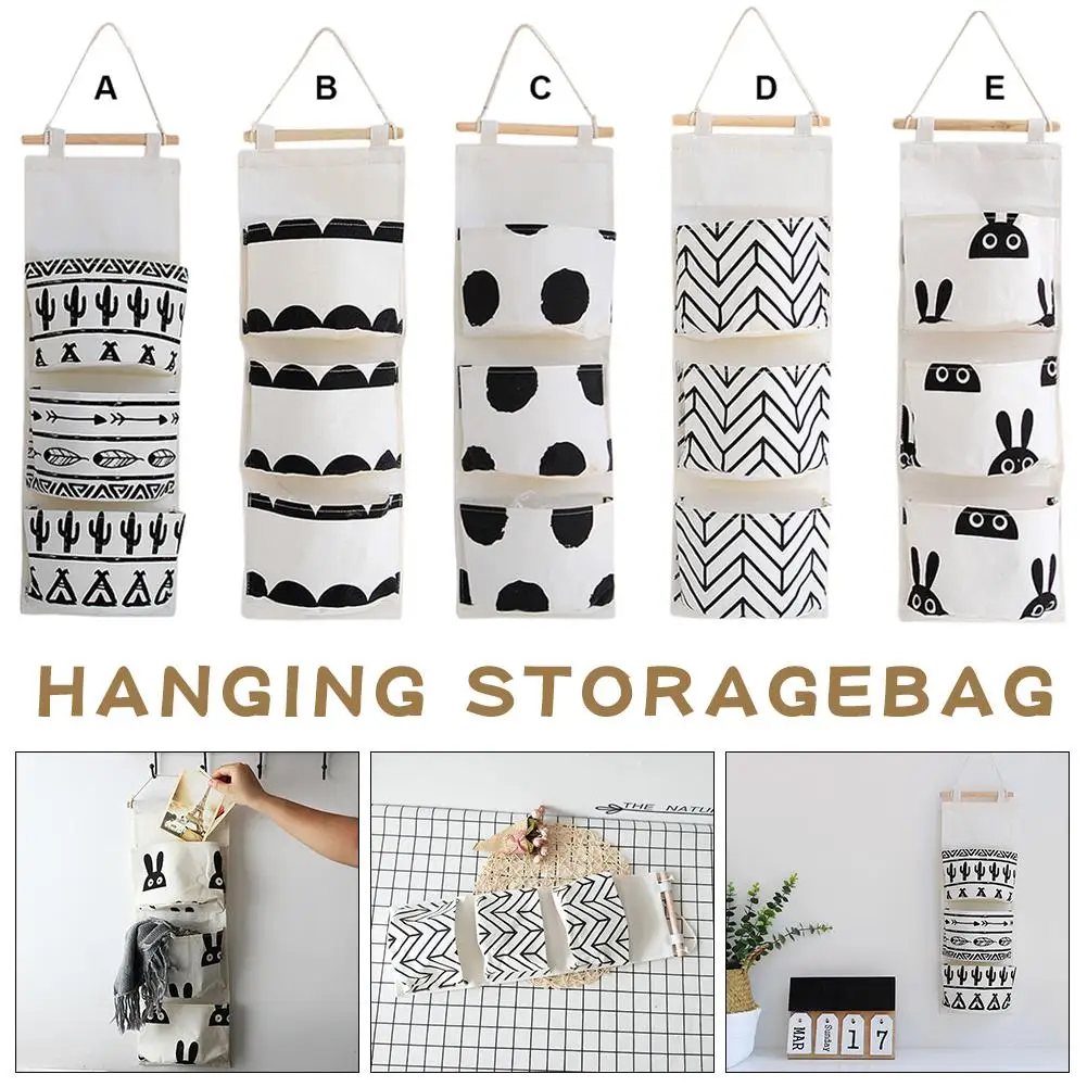 

Black White Pattern Cotton Linen Hanging Storage Bag 3 Pockets Wall Mounted Wardrobe Hang Bag Wall Pouch Cosmetic Toys Organizer