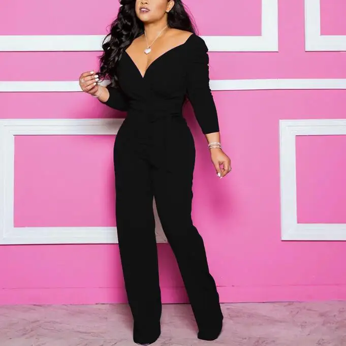 Women Autumn Winter New Sexy V Neck black Jumpsuit Casual Long-sleeved trousers Lace Up Office Ladies Overalls Fashion