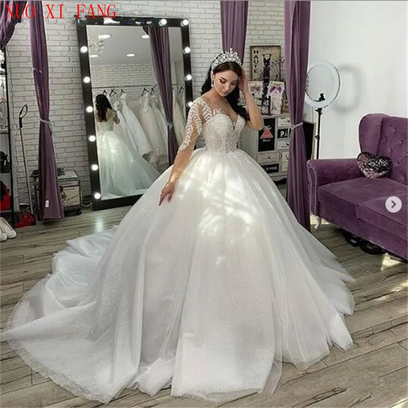 NUOXIFANG Tulle Africano Sheer Manica Lunga abito di Sfera Abito Da Sposa Dess Principessa vestido de noiva Plus Size abito da sposa Da Sposa abiti