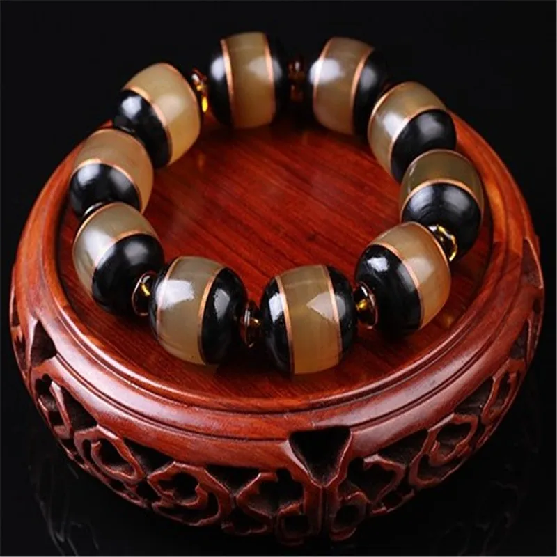 Tibetan Plateau Horn inlaid black ox horn barrel-shaped Buddhist beads bracelet men's collection of beads matching certificate