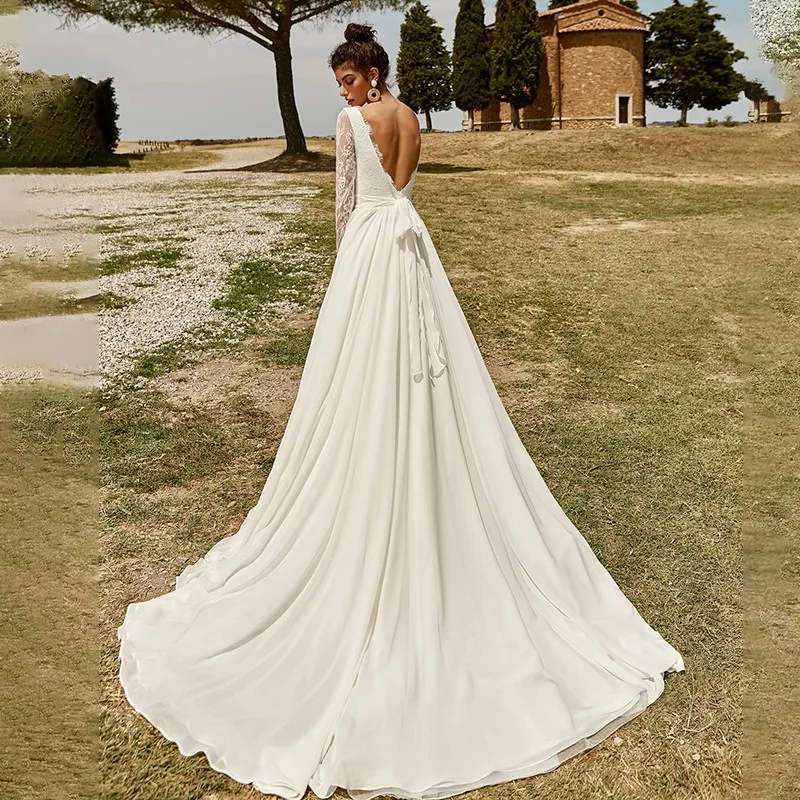 Nowe suknie ślubne Backless Beach 2021 Scoop pełne koronkowe rękawy linia suknia ślubna z kokardą Boho Vestidos De Mariage