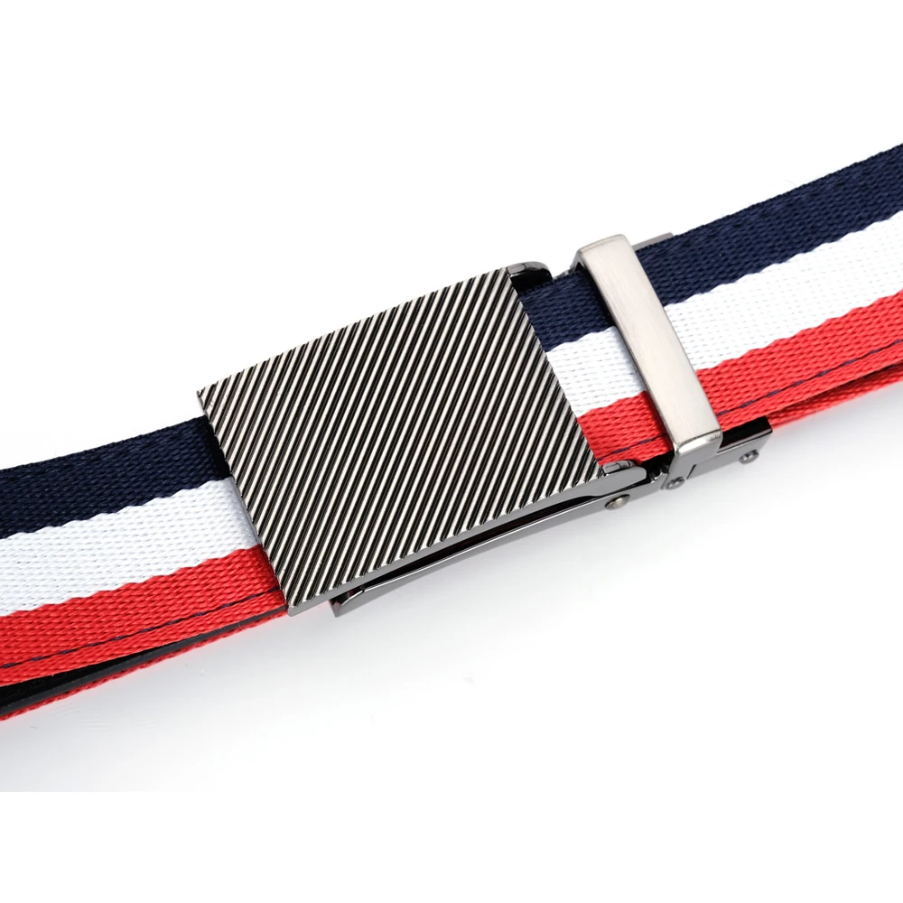 Fashion Men\'s Casual Striped Cloth Fabric Canvas Auotomatic Leather Ratchet Belt Strap Leather Red White Blue Mixed Color Belt