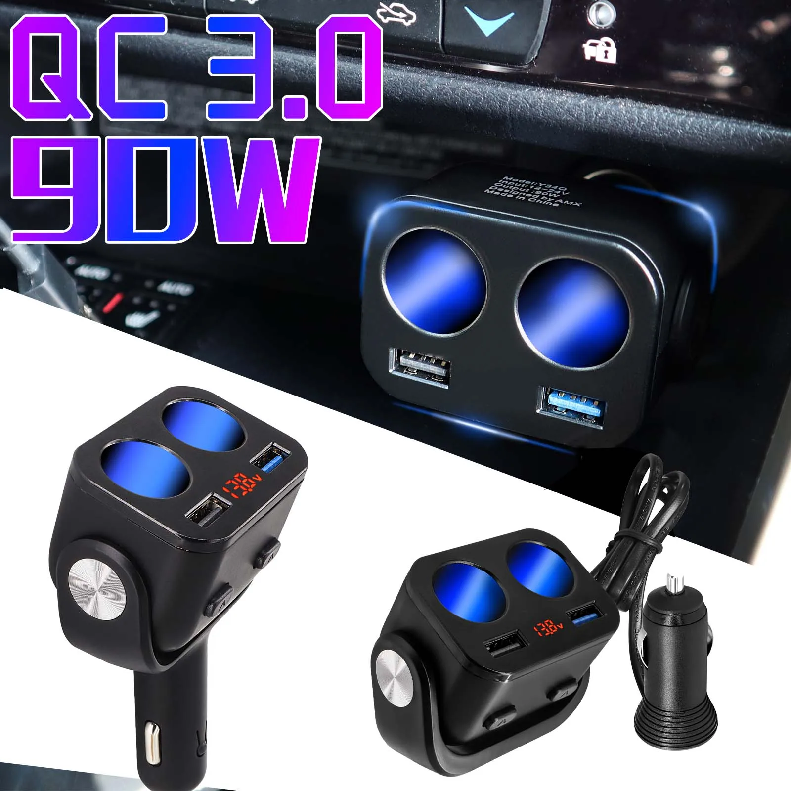 

12V24V LED QC3 Car Cigarette Lighter Splitter Socket Power 3.4A 90W Dual USB Charger Adapter Phone Car-Charger Auto Outlet 2Way