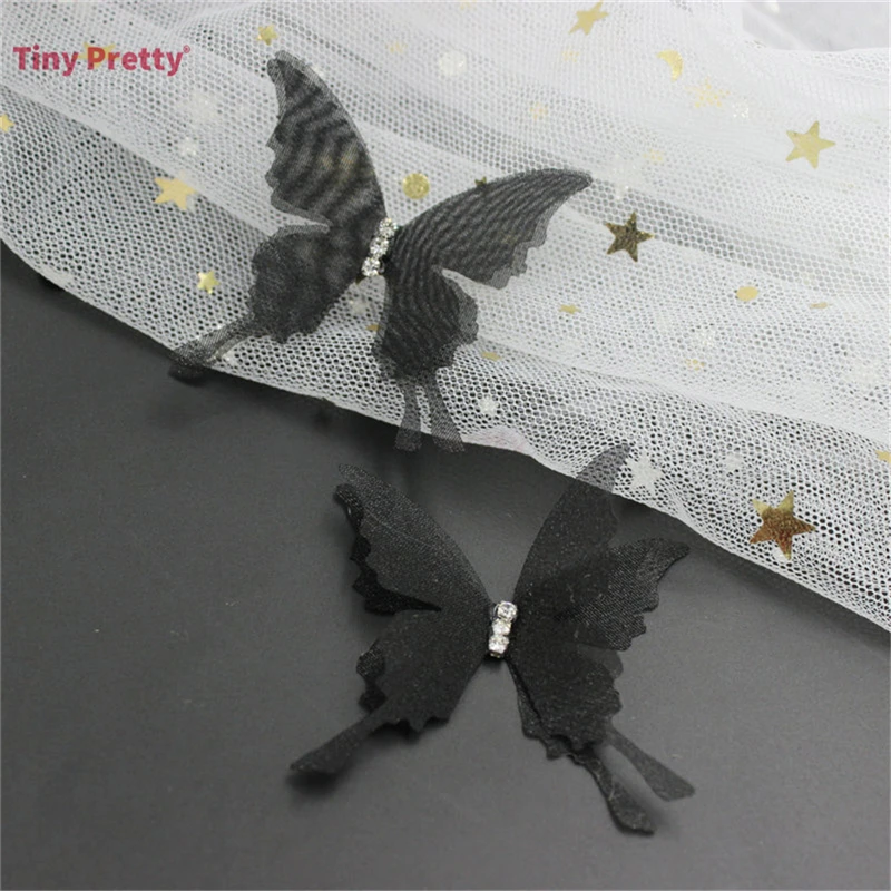 20PCS Double-layer Organza Butterflies W/ Rhinestone Swallowtail White Black Butterflies for DIY Jewelry Making, Hair Clips