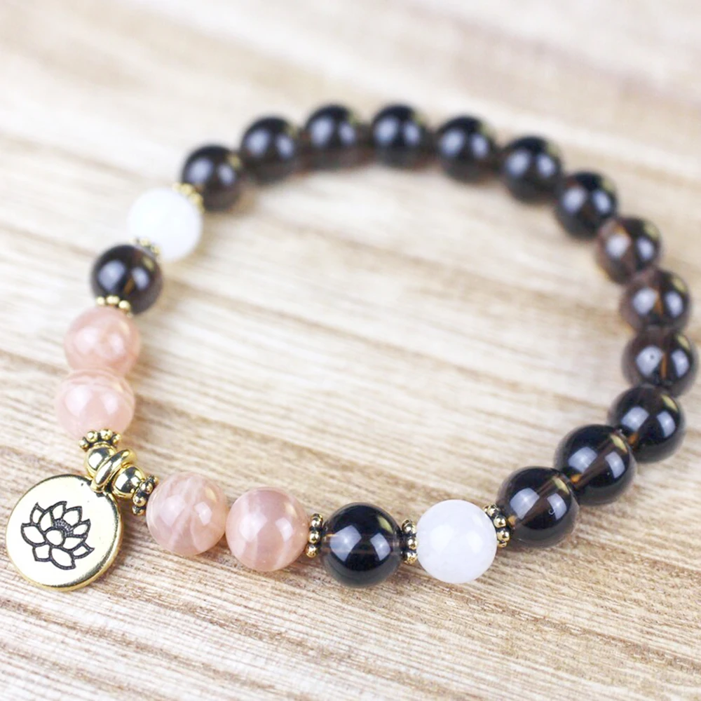 

MG1338 Women`s Smoky Quartz Wrist Mala Yoga Bracelet Moonstone Sunstone Crystals Bracelet Spiritual Healing Jewelry For Women